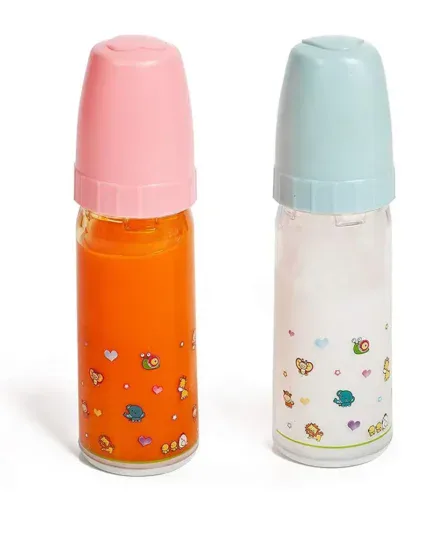 Two doll bottles with colorful designs for feeding dolls.