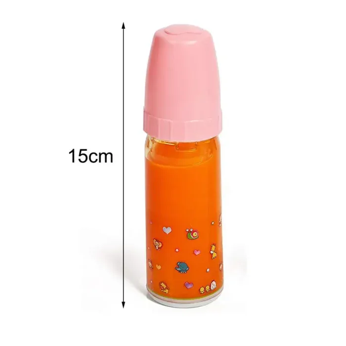 Pink and orange doll feeding bottle with cute butterfly and heart designs.