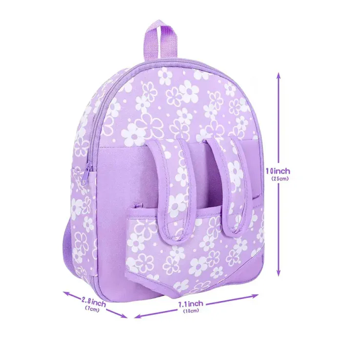 Purple doll backpack with white floral pattern for dolls up to 14 inches.