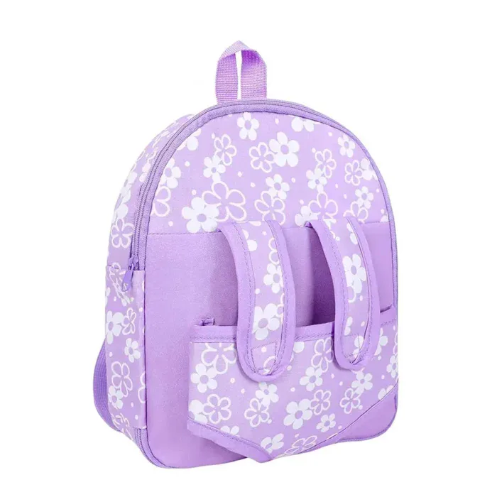 Purple doll backpack with floral pattern for dolls up to 14 inches.