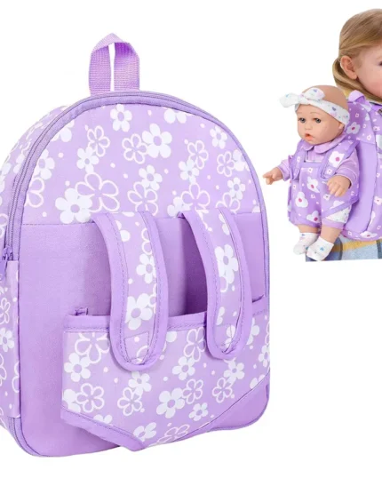 Purple doll carrier backpack with white floral pattern for dolls up to 14 inches.