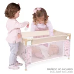 Doll travel cot with mesh sides for 18 inch dolls, portable and lightweight.