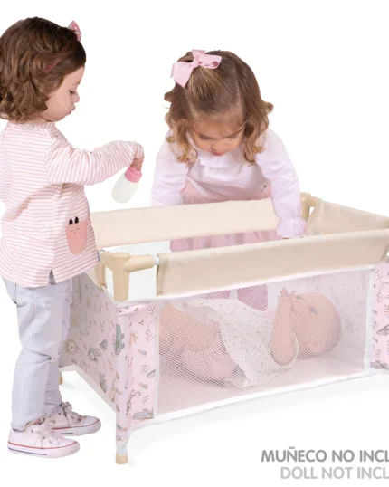 Doll travel cot with mesh sides for 18 inch dolls, portable and lightweight.