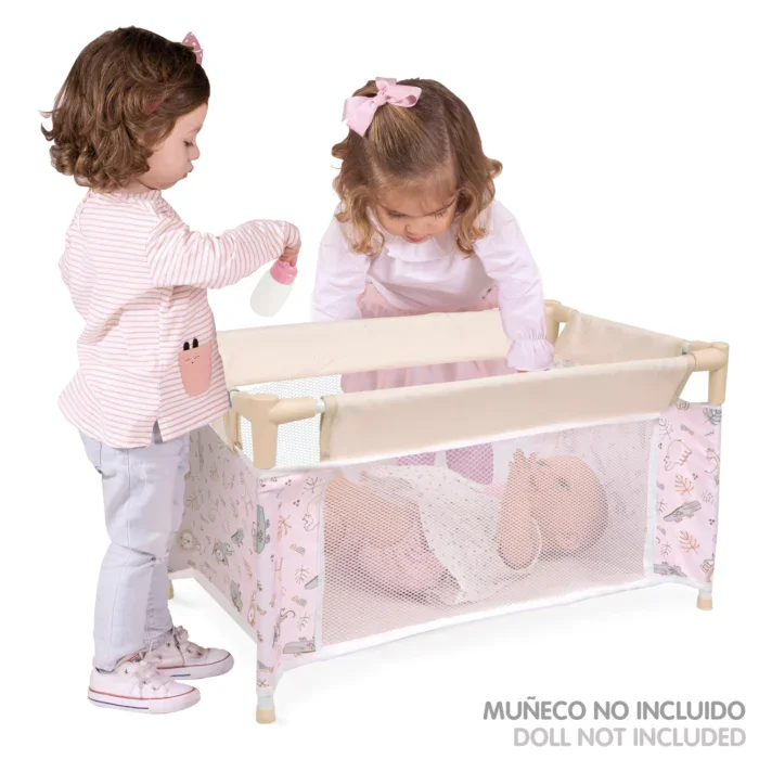Doll travel cot with mesh sides for 18 inch dolls, portable and lightweight.