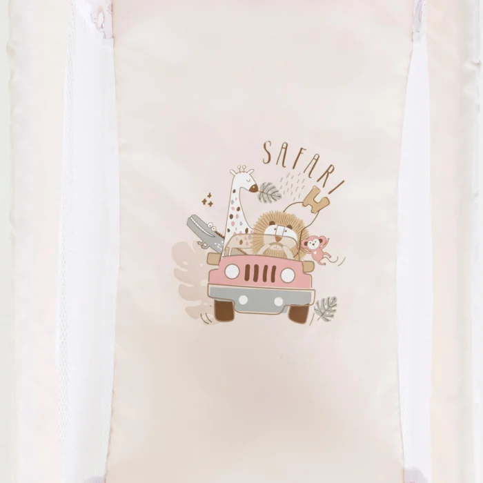 Doll travel cot featuring safari animals and mesh sides for 18 inch dolls.