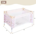 Portable doll crib with mesh sides for 18 inch dolls, pink and white design.