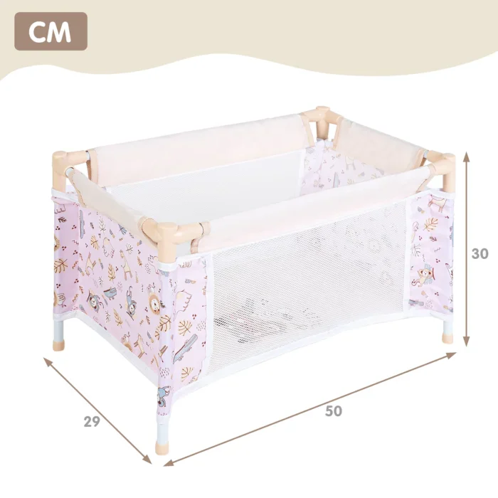 Portable doll crib with mesh sides for 18 inch dolls, pink and white design.