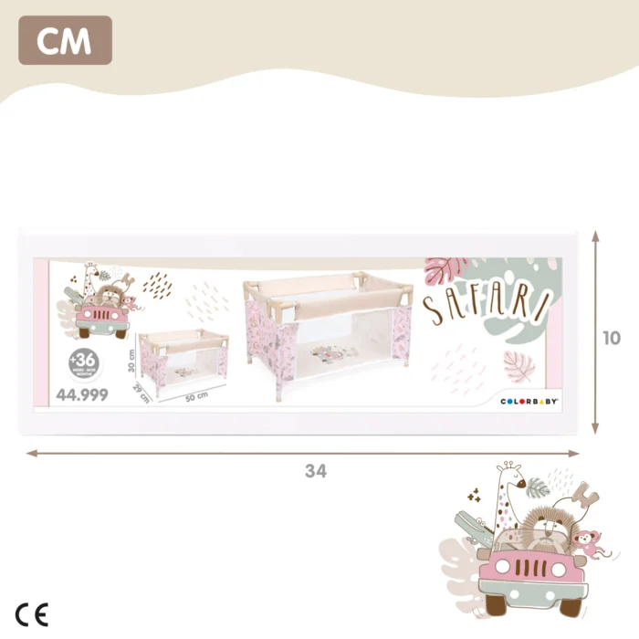Pink doll travel cot with mesh sides and safari-themed design for 18-inch dolls.