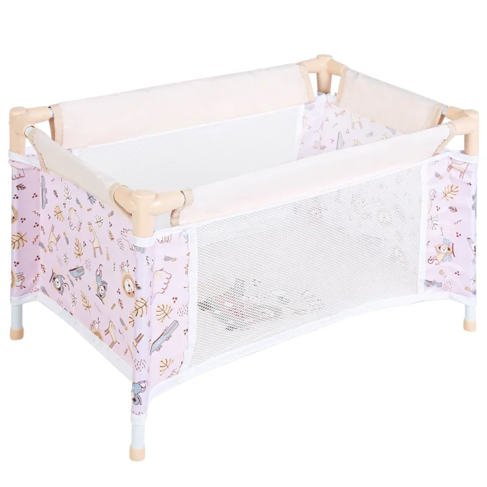 Portable doll crib with mesh sides for 18 inch dolls, lightweight and easy to assemble.