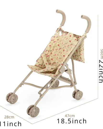 Floral doll stroller with folding design and storage basket.