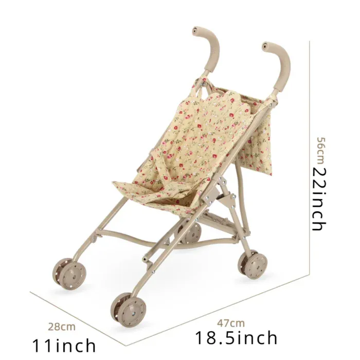 Floral doll stroller with folding design and storage basket.