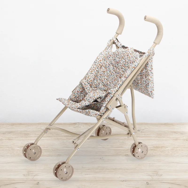 Doll Stroller Floral Folding Pram with Storage Basket 41 Floral doll stroller with folding design and storage basket for kids.