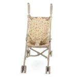 Floral doll stroller with folding design and storage basket for kids.