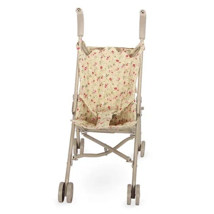 Floral doll stroller with folding design and storage basket for kids.