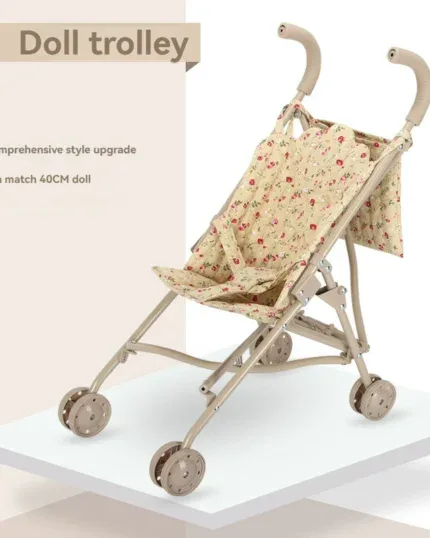 Floral doll stroller with folding design and storage basket for 40cm dolls.