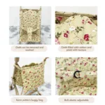 Floral doll stroller with adjustable belt and storage basket.