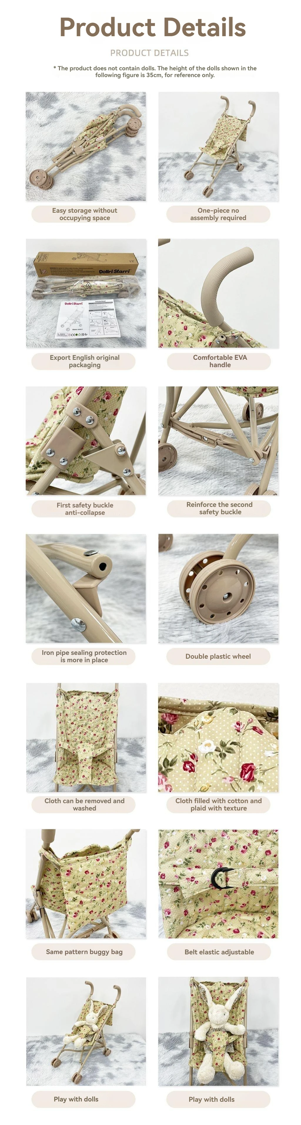 Doll Stroller Floral Folding Pram with Storage Basket 31 Doll Stroller Floral Folding Pram with Storage Basket 6
