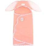 Pink baby doll swaddle blanket with bunny ears and cute bunny patch.