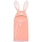 Pink bunny hooded doll swaddle blanket with bunny face and ears.