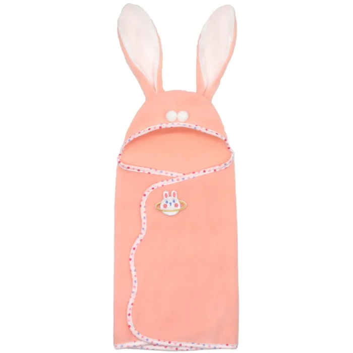 Pink bunny hooded doll swaddle blanket with bunny face and ears.
