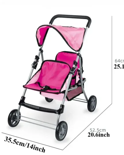 Pink twin stroller with canopy, lightweight and compact for children.