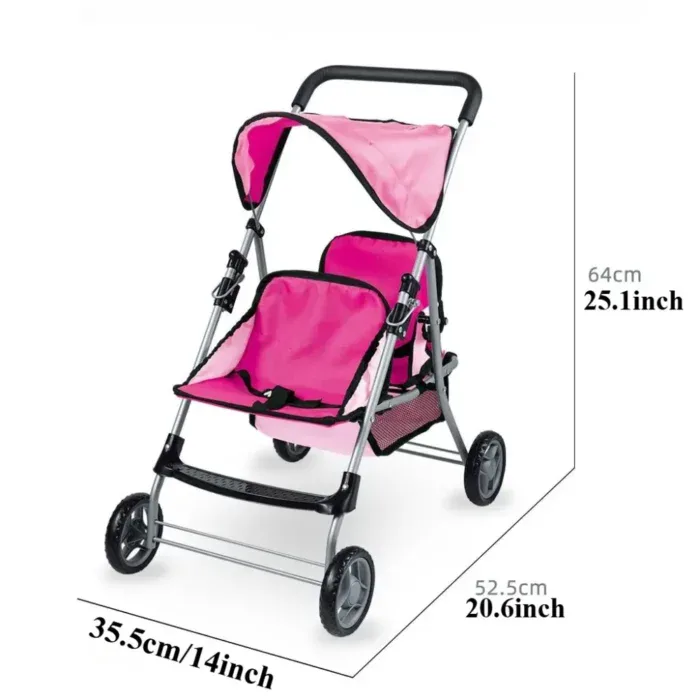 Pink twin stroller with canopy, lightweight and compact for children.