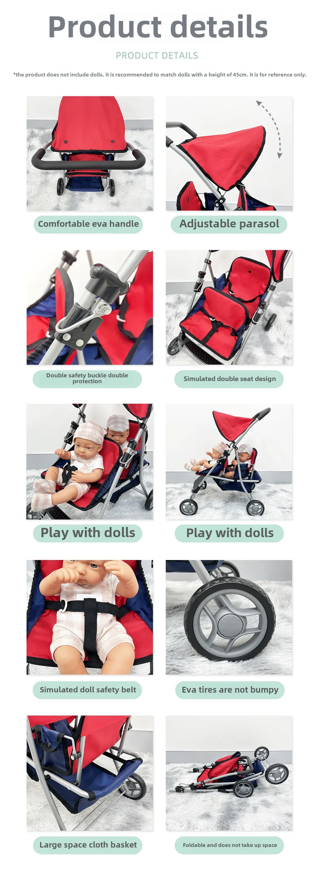 Double Doll Stroller Twin Tandem Pram with Canopy 64cm 12 Twin stroller with canopy, adjustable handle, and safety features for dolls.