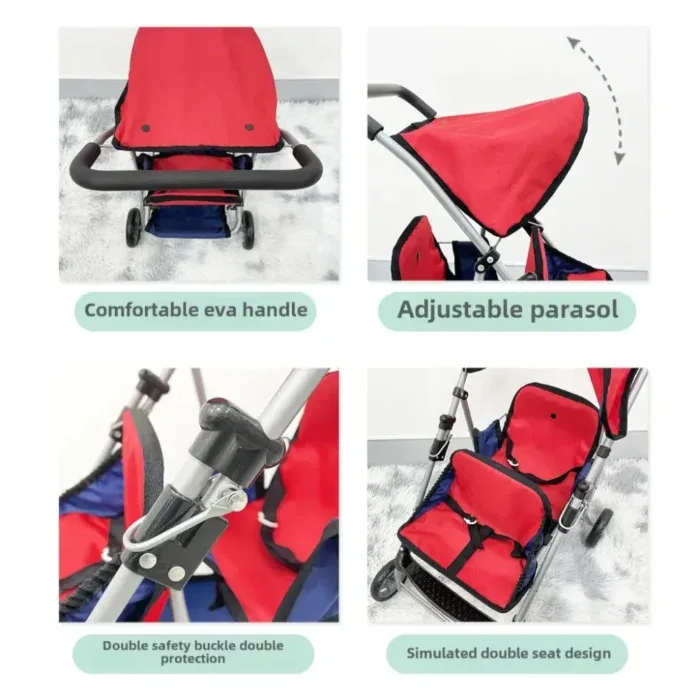 Red double stroller with adjustable canopy and safety features for twins.