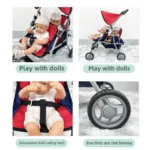 Twin doll stroller with canopy and safety features for kids.