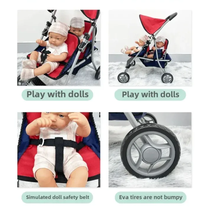 Twin doll stroller with canopy and safety features for kids.
