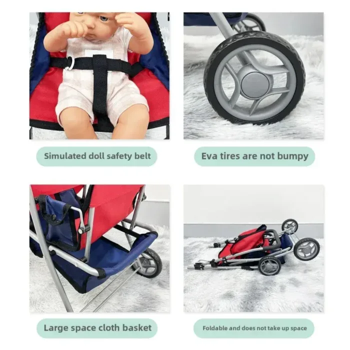 Twin tandem stroller with large space cloth basket and foldable design.