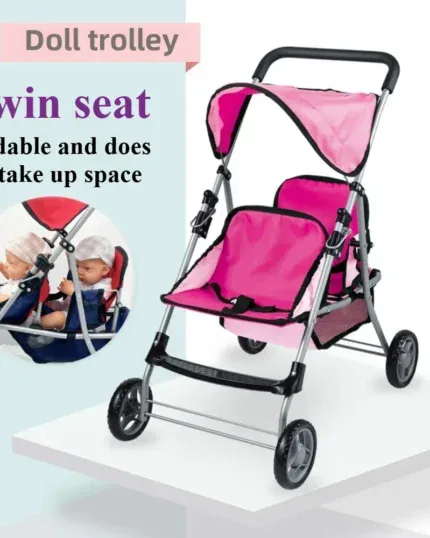 Pink twin doll stroller with canopy, foldable and space-saving design.