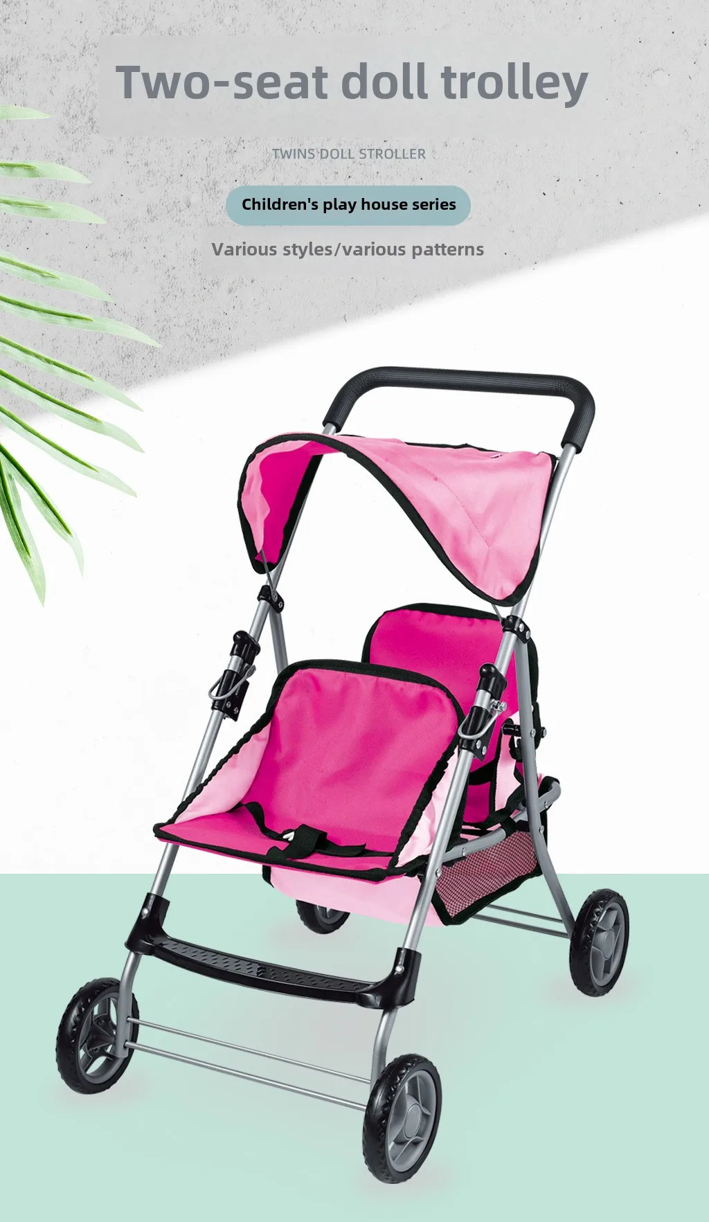 Double Doll Stroller Twin Tandem Pram with Canopy 64cm 8 Double Doll Stroller Twin Tandem Pram with Canopy 64cm 7