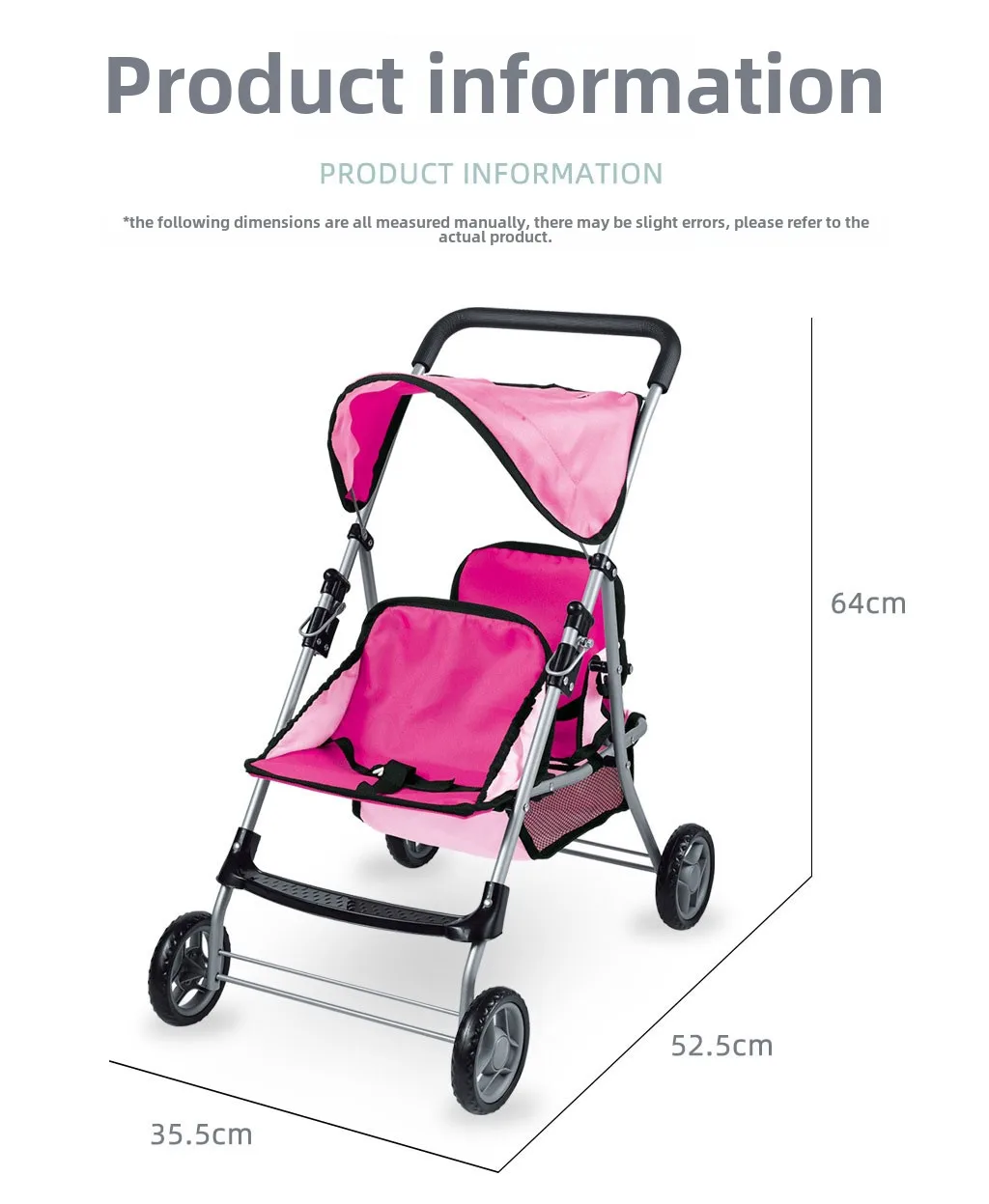 Double Doll Stroller Twin Tandem Pram with Canopy 64cm 9 Pink twin stroller with canopy, lightweight and compact design for toddlers.