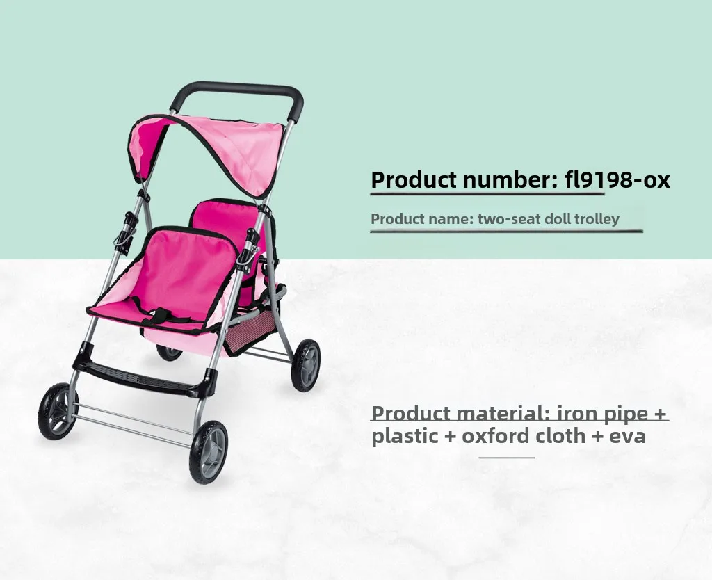 Double Doll Stroller Twin Tandem Pram with Canopy 64cm 10 Pink double doll stroller with canopy for twins, lightweight and portable.