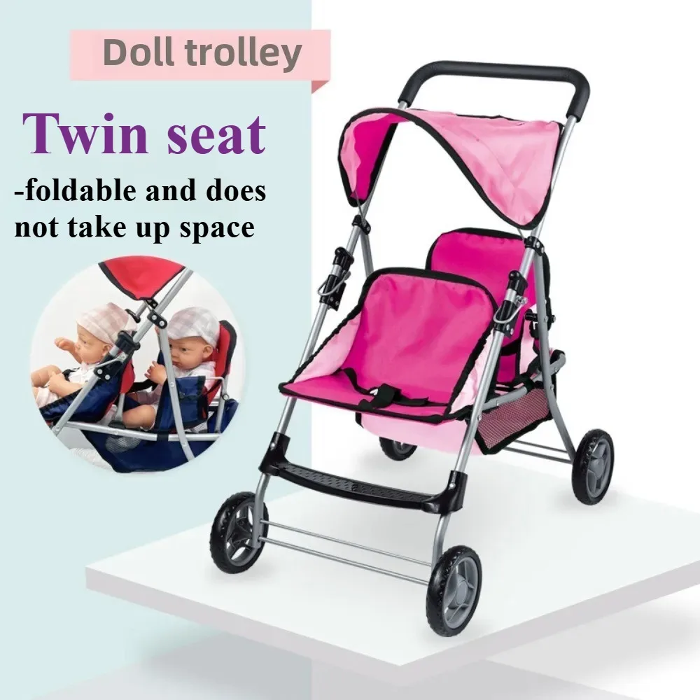 Double Doll Stroller Twin Tandem Pram Pink twin doll stroller with canopy, foldable and space-saving design.