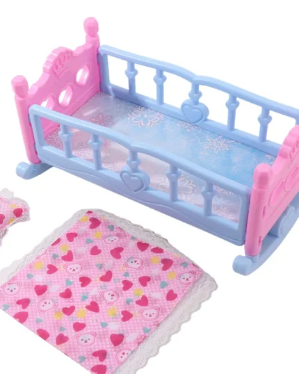 Colorful baby doll cradle with pink and blue design for role play.