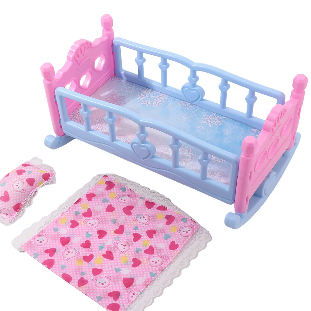 Doll Crib Rocking Cradle with Bedding for Baby Dolls 20 Colorful baby doll cradle with pink and blue design for role play.