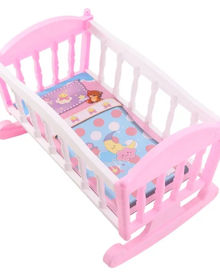 Pink and white doll cradle with moon and cloud design for kids.