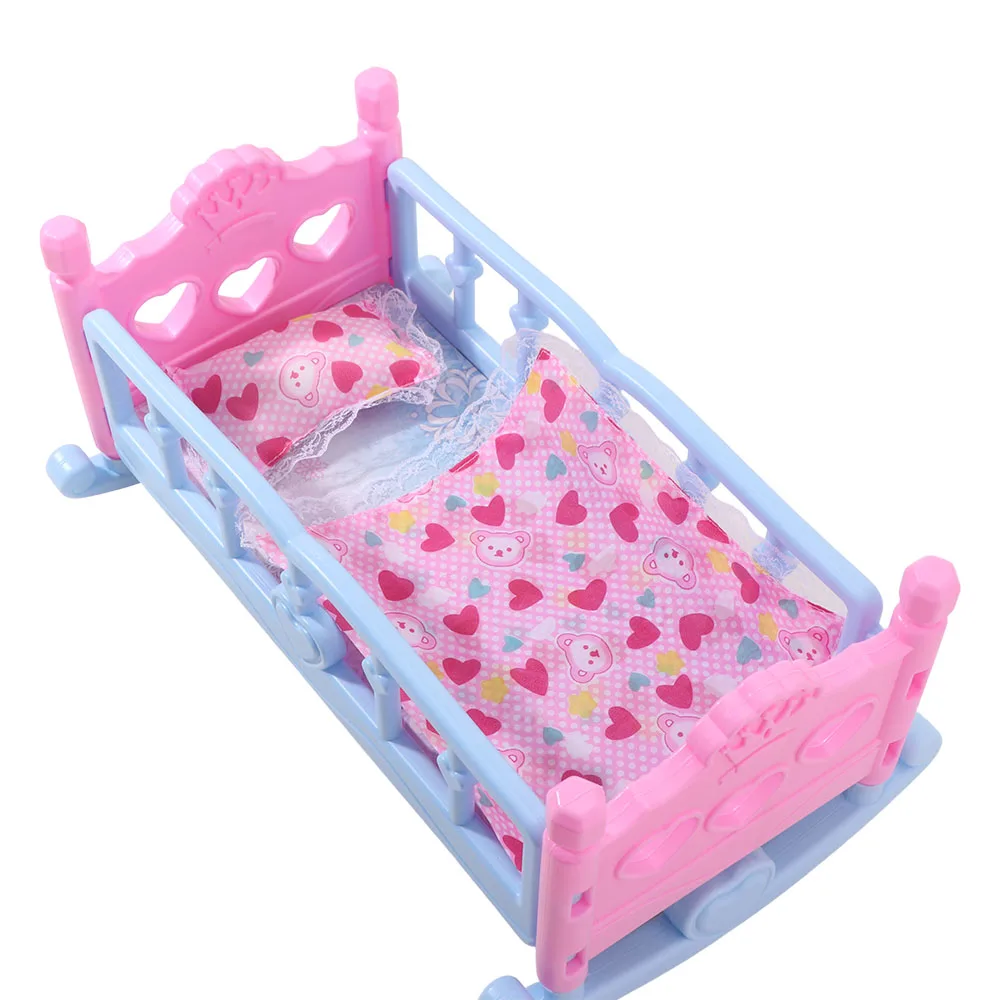 Doll Crib Rocking Cradle with Bedding for Baby Dolls 19 Infant Carriage Baby Bed Cradle Pretend Play Lightweight Baby Doll Rocking Bed Role Play Pink Blue Doll Rocking Crib 6