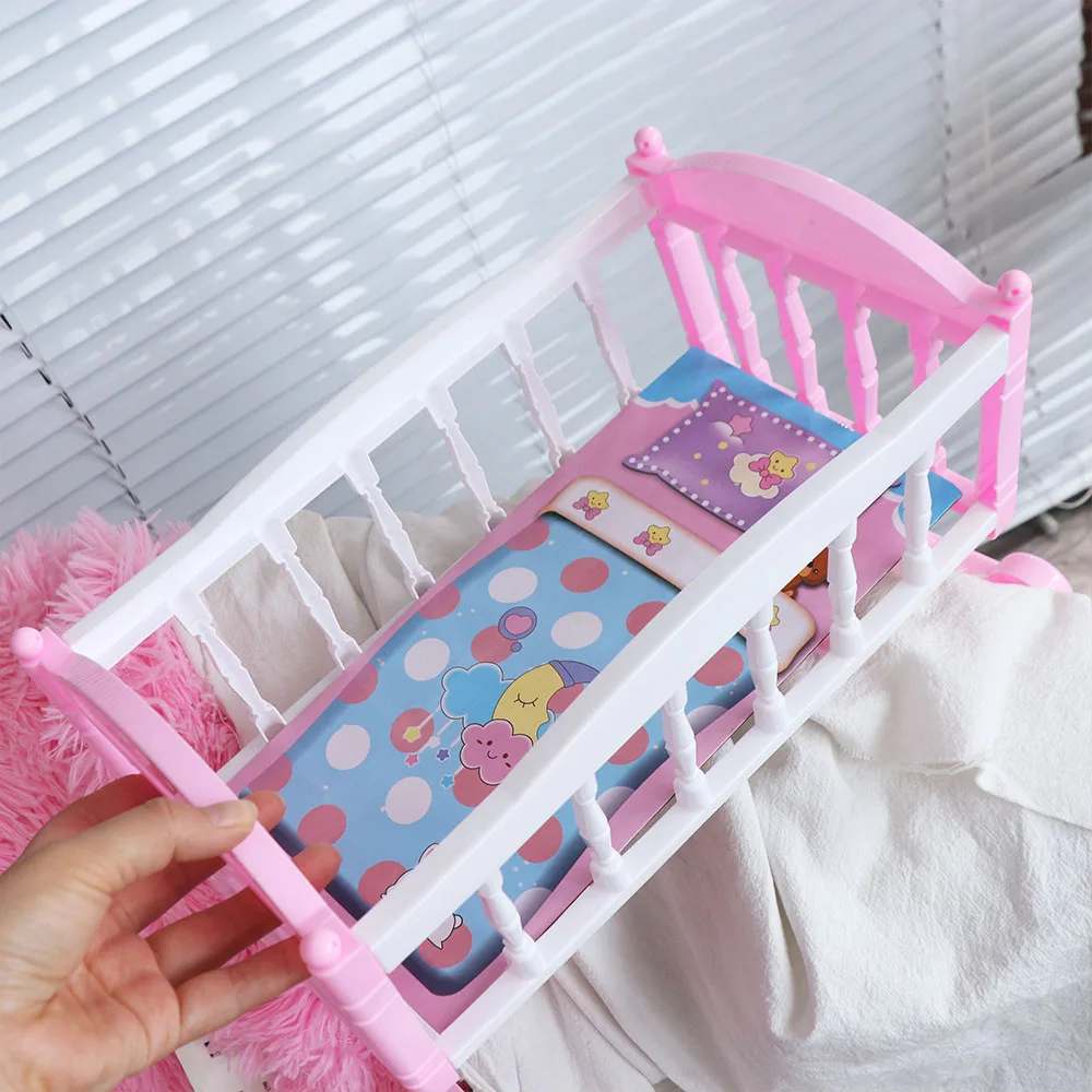 Doll Crib Rocking Cradle with Bedding for Baby Dolls 24 Infant Carriage Baby Bed Cradle Pretend Play Lightweight Baby Doll Rocking Bed Role Play Pink Blue Doll Rocking Crib 9