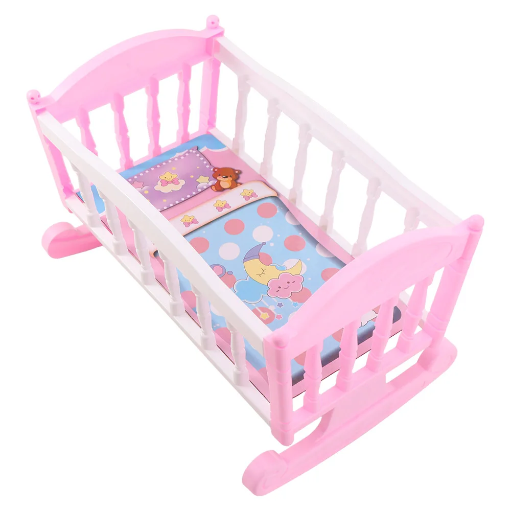 Pink and White Baby Cradle for Dolls Pink and white doll cradle with moon and cloud design for kids.