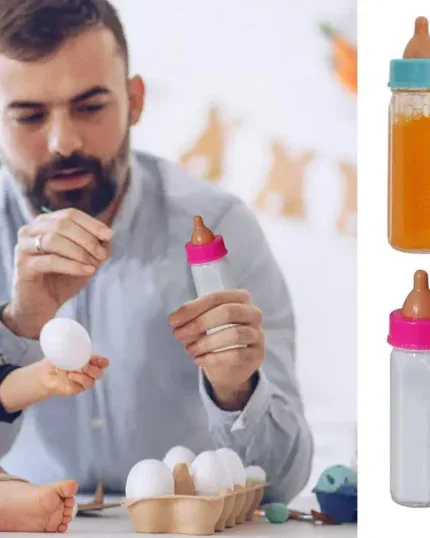 Reborn baby bottles with milk and juice for realistic play.