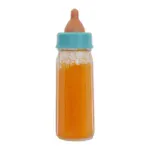 Reborn baby bottle with orange liquid and blue cap for realistic feeding.