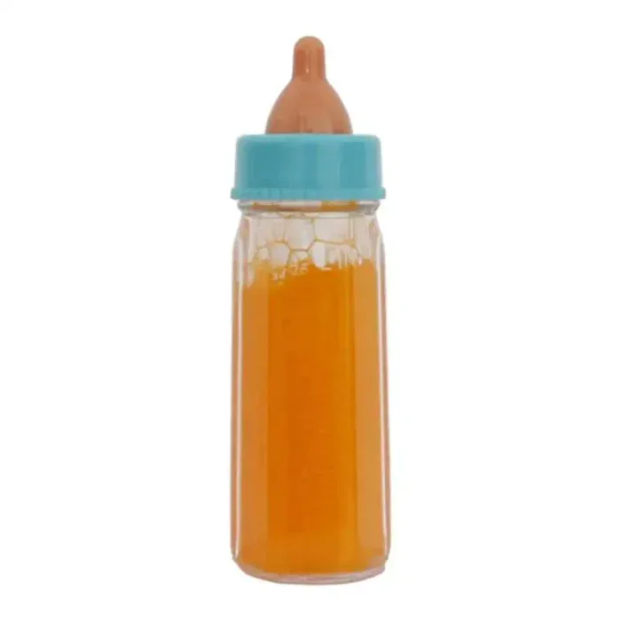 Reborn baby bottle with orange liquid and blue cap for realistic feeding.