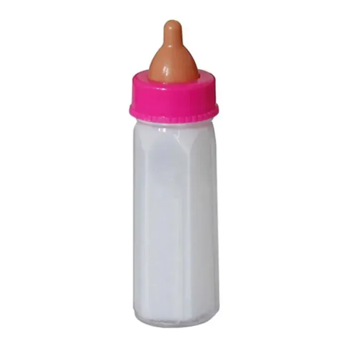 Miniature baby bottle for reborn dolls, 9.4 cm, with pink cap and beige nipple.