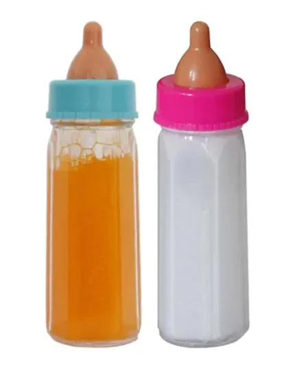 Reborn baby bottles with colorful caps for milk or juice.