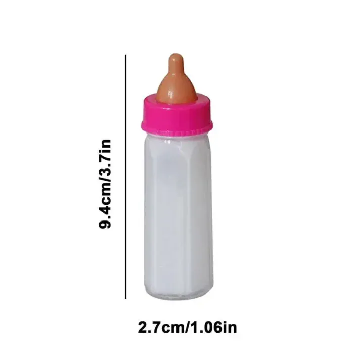 Mini baby bottle for reborn dolls, 9.4cm tall, with pink cap and beige nipple.