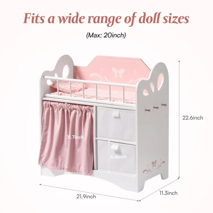 Wooden doll crib with storage, bedding, and pink curtain for 20-inch dolls.