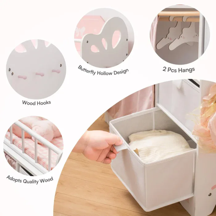 Wooden doll crib with storage, bedding, and decorative butterfly design.
